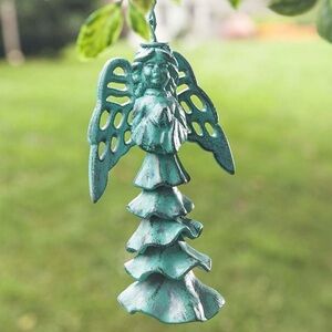 Verdigris Style Green Patina Cast Iron Angel Bell Ruffled Skirt  8”  Wind Chime